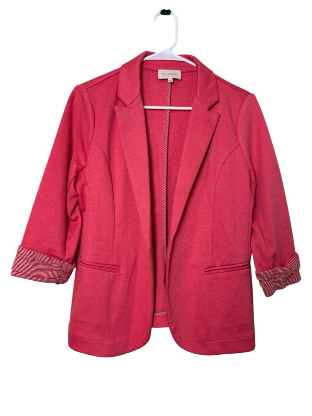 Skies Are Blue Textured Knit Blazer-Salmon/Coral w/Striped Lining Cuffs: Small